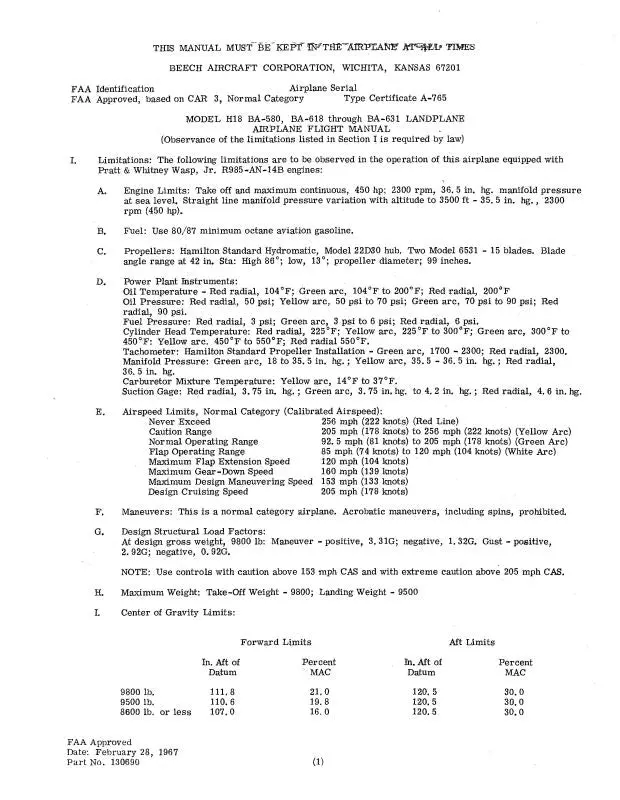 Beech H18 Series Flight Manual (130690) 1