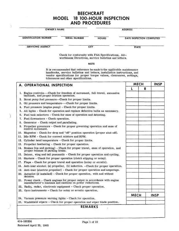 Beech 18 100-Hour Inspection Pack Inspection Pack (414-180206) 1