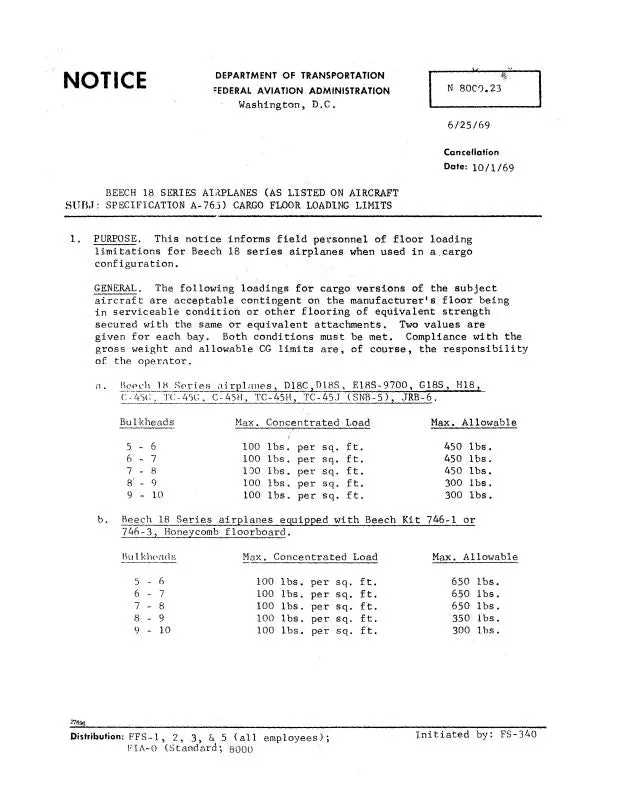 Beech 18 Series Cargo Loading Limits Cargo Loading Limits (Be18cargo-C) 1