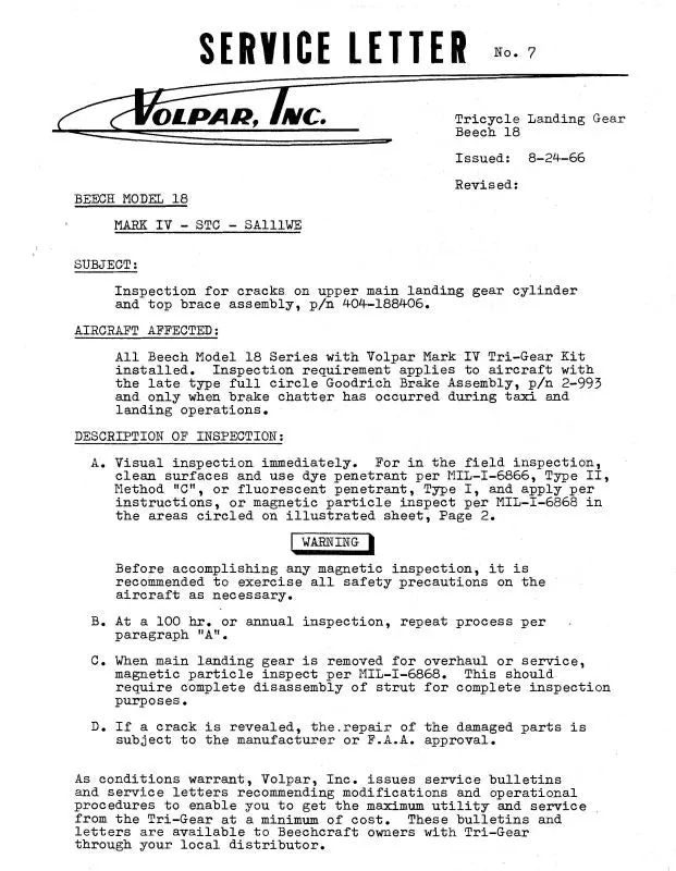 Beech Model 18 Tricycle Landing Gear Service Bulletin (Be18tricycle-Sb) 1