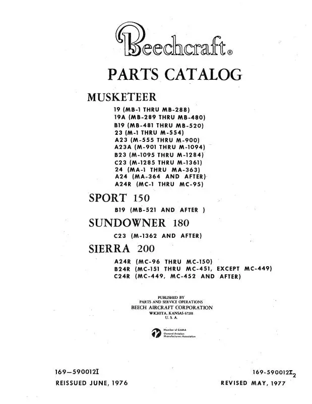 Beech 19, 23, 24 Series Parts Catalog (169-590012I) 1