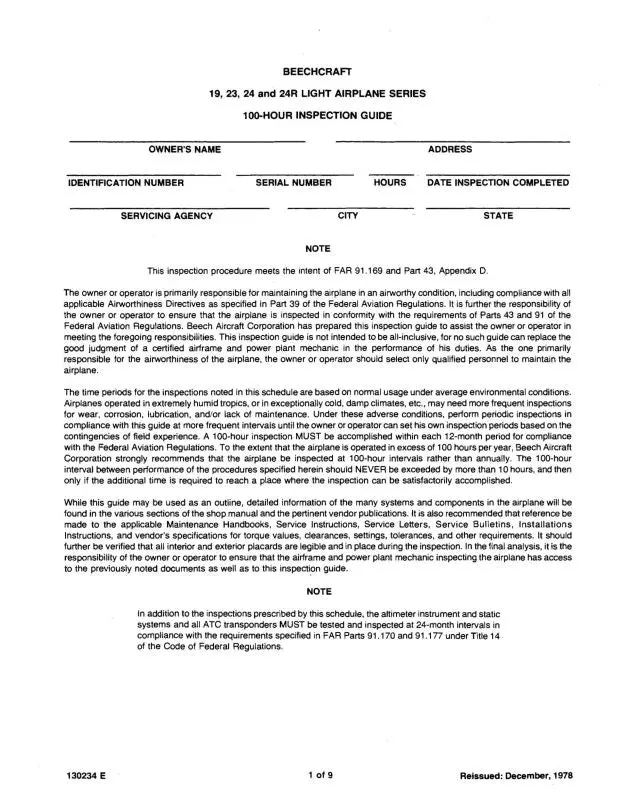 Beech 19,23,24 100 Hour Inspection Guide (130234 E) 1