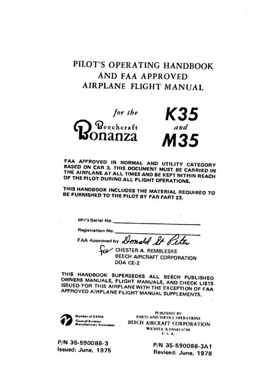 Beech K35 & M35 Pilot's Operating Handbook & Flight (35-590086-3A1) 1