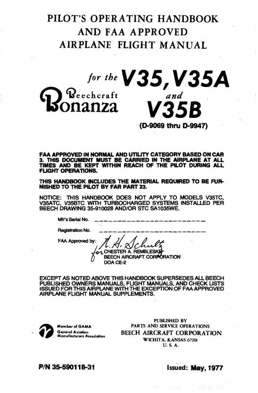 Beech V35,V35a,V35b Bonanza Pilot's Operating Handbook (35-590118-31B) 1