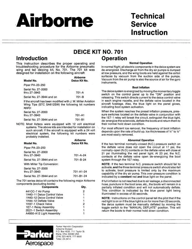 Parker Aerospace De-Ice Equipment Technical Service Instruction (Pkde-Iceequip Ts C) 1