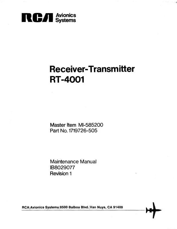 Rca - Primus - Honeywell - Sperry Rt-4001 Receiver-Transmitter 1978 Maintenance Manual (Ib8029077) 1