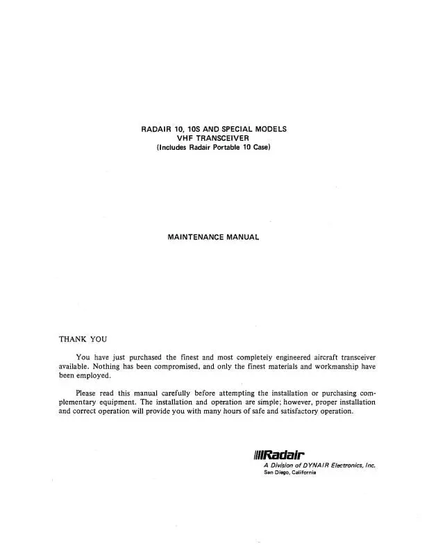 Radair 10, 10S & Special Models Installation, Maintenance, Maintenance Addendum (Rd10,10S M C) 1