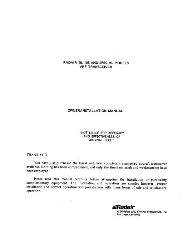 Radair 10, 10S & Special Models Owner's, Installation Manual (Rd10,10S O C) 1