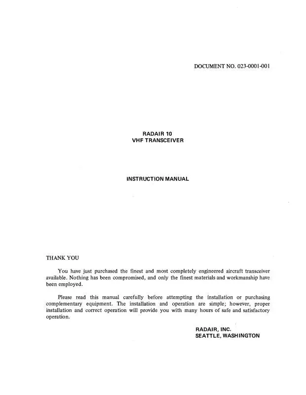 Radair 10 Vhf Transceiver Instruction Manual (023-0001-001) 1