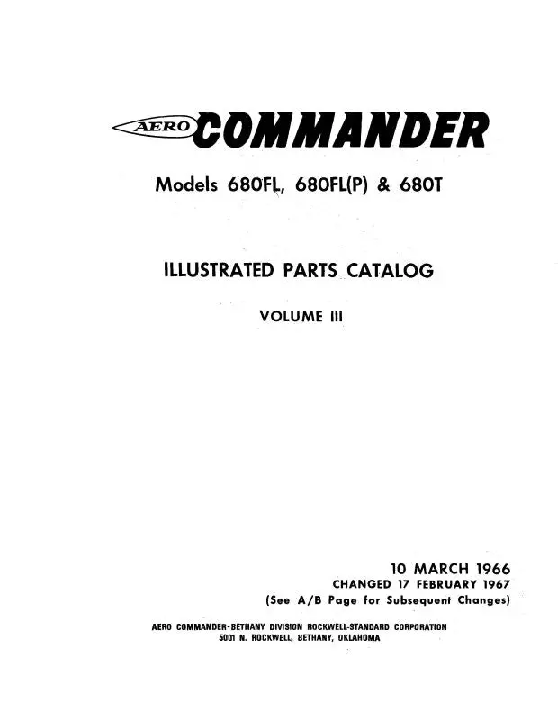 Aero Commander 680Fl, Fl(P), 680T Illustrated Parts Catalog 1971 (Ac680fl,Fl(P),680Tpc) 1