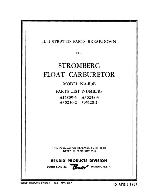Bendix Na-R9b Stromberg Float Carburetor 1957 Illustrated Parts (Bxnar9b 57 P C) 1