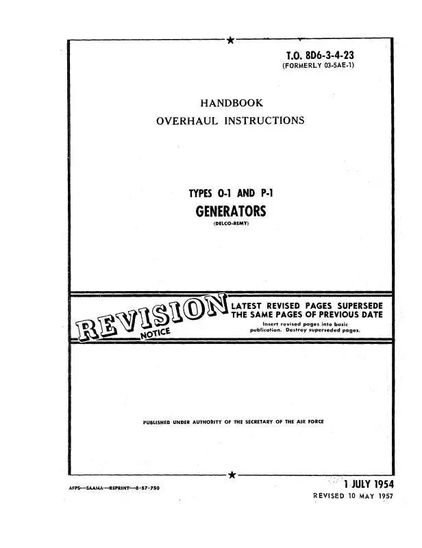 Delco Remy O-1, P-1 Generators Overhaul Instructions 1954 (8D6-3-4-23) 1