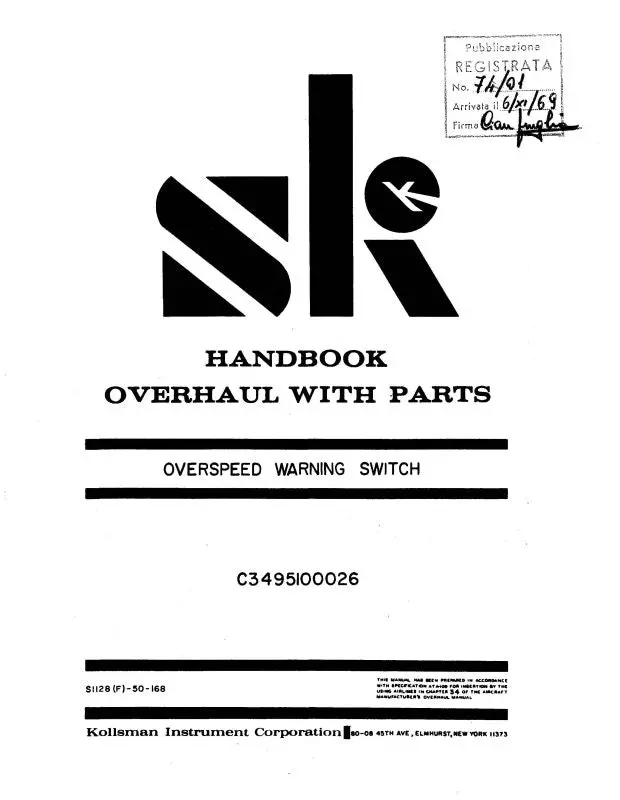 Kollsman Instruments Overspeed Warning Switch Overhaul Manual With Parts 1965 (S1128(F)-50-168) 1