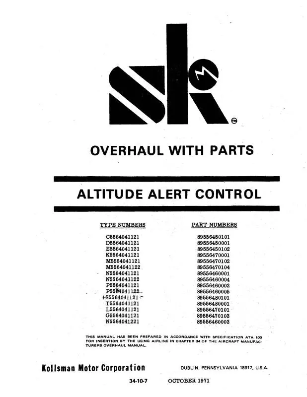Kollsman Instruments Altitude Alert Control Overhaul Manual With Parts 1972 (24-10-7) 1