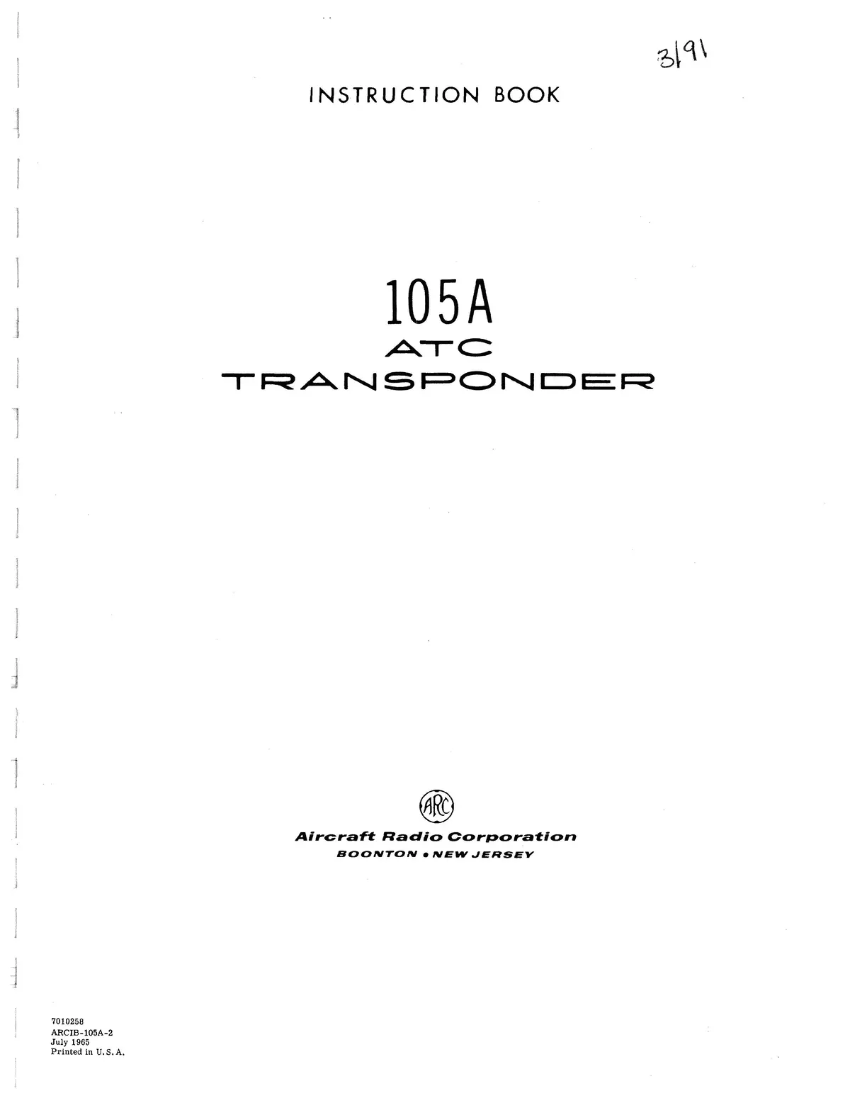 Aircraft Radio Corporation Arc 105A Atc Transponder Instruction Book (Ar105a-In-C) 1
