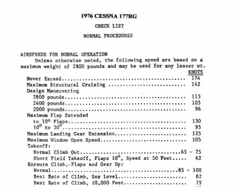 Cessna 177Rg 1976 Cardinal Pilot's Checklist 1