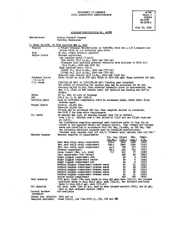 Boeing Sa-307B, 307B-S Aircraft Specifications 1950 No. A-726 (A-726) 1