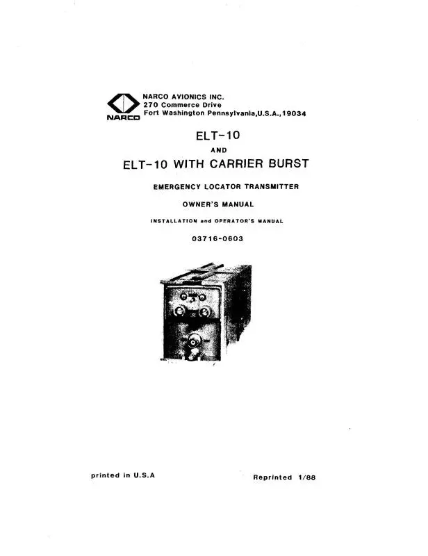 Narco Elt-10 And Elt-10 With Carrier Burst Installation & Owners Manual (03716-0603) 1