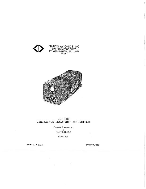 Narco Elt-910 Owner's Manual & Pilot's Guide 1992 (03754-0621) 1