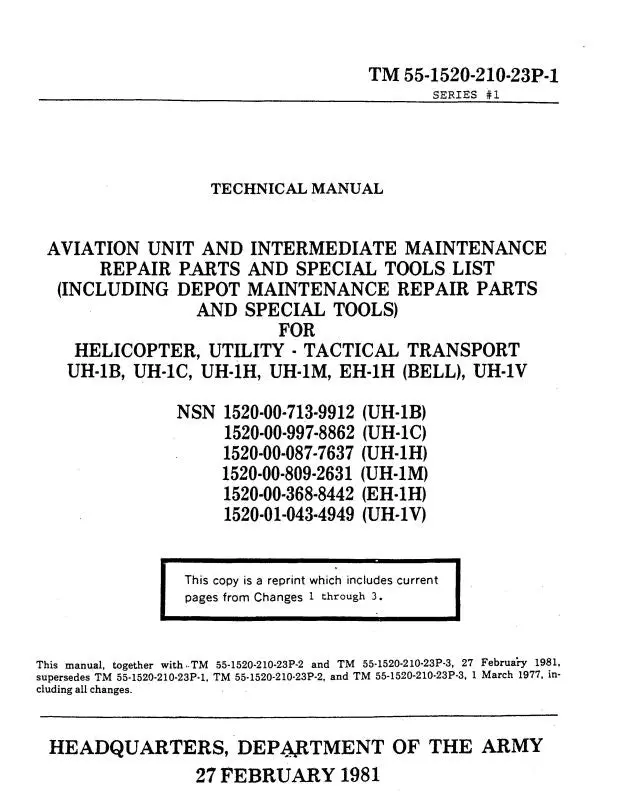 Bell Helicopter Army Uh-1B,1C,1H,1M,Eh-1H,Uh-1V Repair Parts & Tool List 1981 (55-1520-210-23P-1, -2,-3) 1