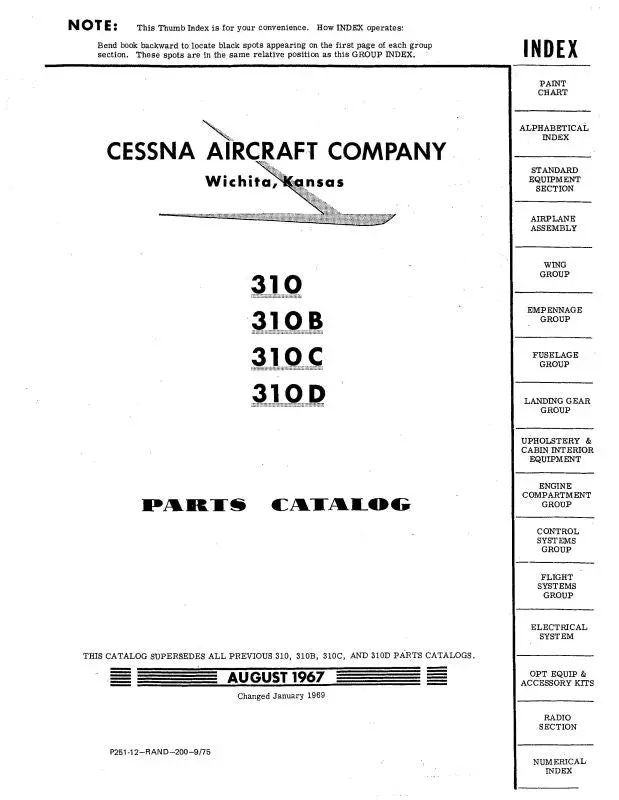 Cessna 310,B,C,D 1955-60 Parts Catalog (P251-12) 1