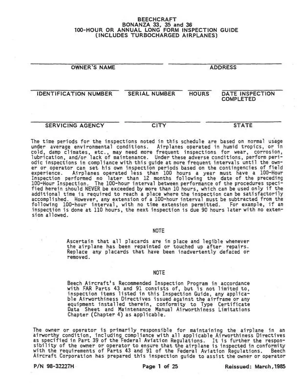 Beech 33,35,&36 Series Inspection Guide (98-32227H) 1