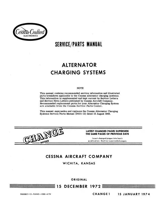 Cessna Alternator Charging Sys 1972 Maintenance-Parts (D5006c1-13) 1