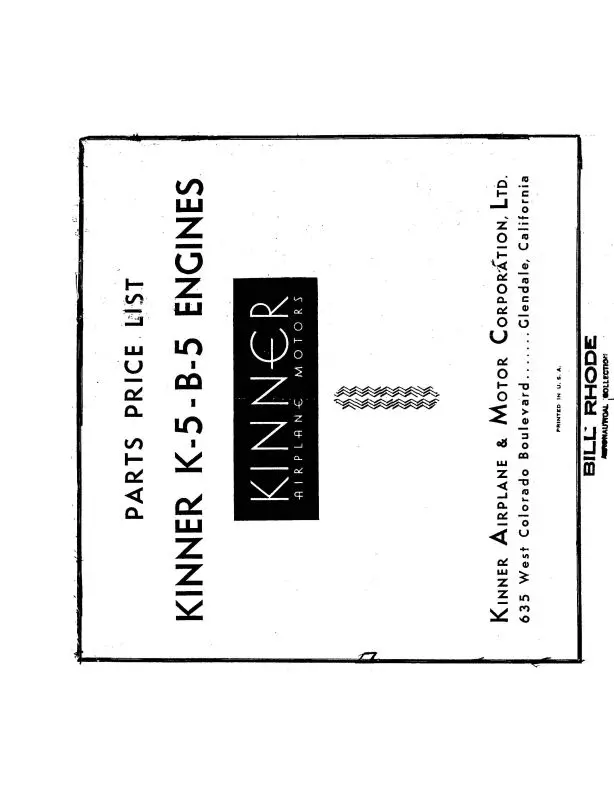 Kinner K-5, B-5 Engine Illustrated Parts Price List (Knk5b5-P-C) 1