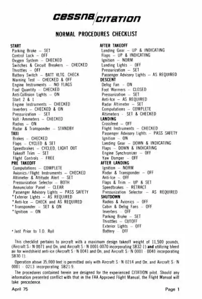 Cessna Citation Checklist 1975 1