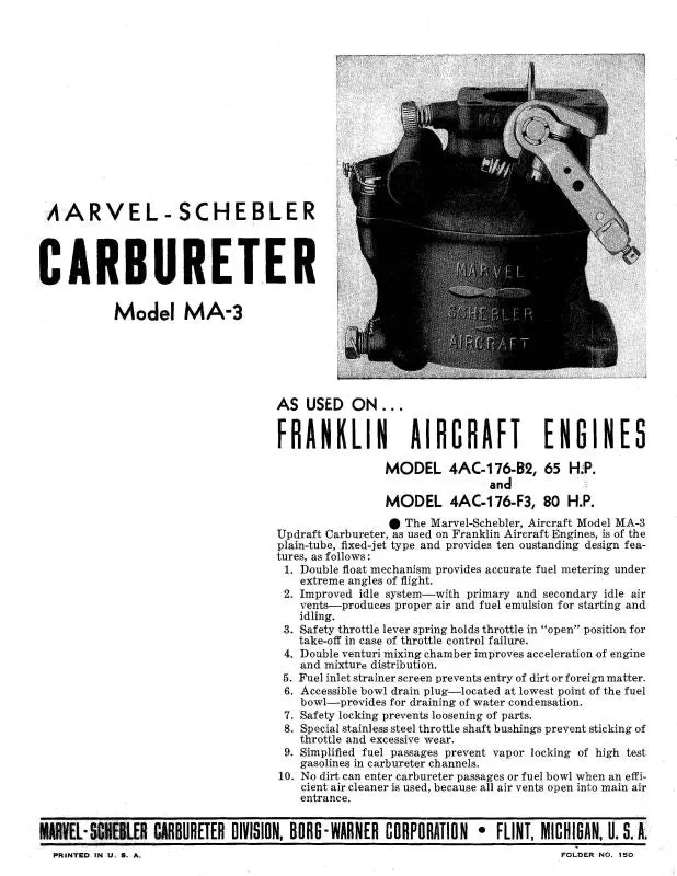 Marvel-Schebler Ma-3 Operation, Maintenance, Parts List (Msma3-Op-C) 1
