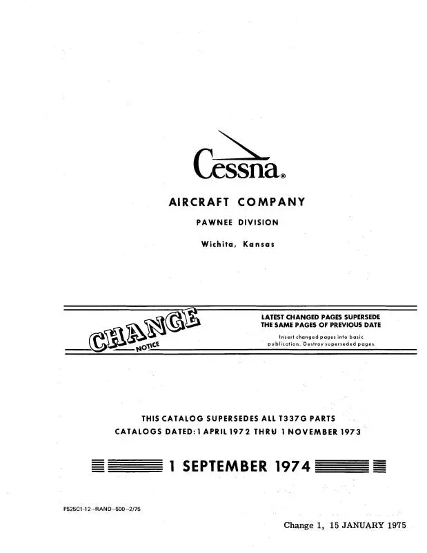 Cessna Pressurized Skymaster P337 Parts Catalog 1973-1975 (P525c1-12) 1
