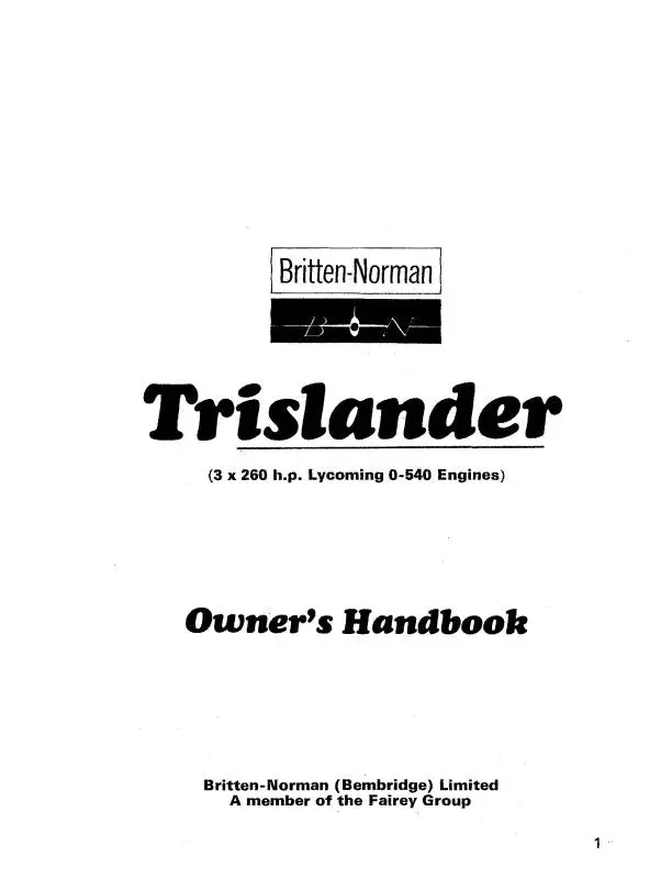 Britten-Norman Bn Trislander Owner's Manual 1973 (Bbbntri-O-C) 1
