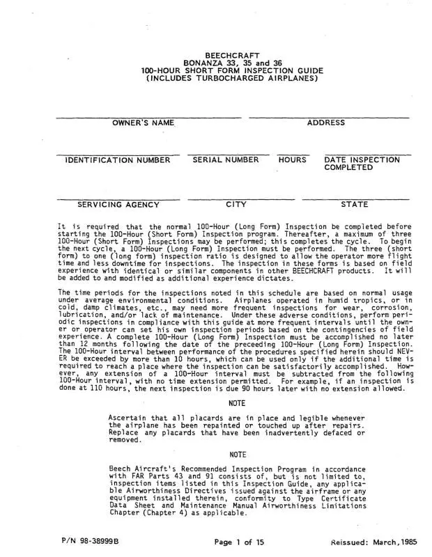 Beech 33,35,&36 Series Inspection Guide (98-38999-B) 1