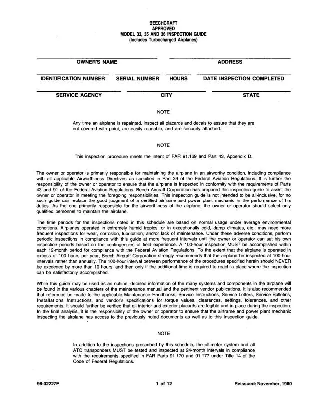 Beech 33,35,36 Bonanza 100 Hour Inspection Guide (98-32227H) 1
