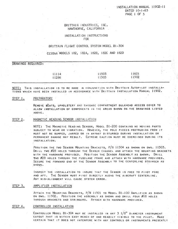 Brittain Industries Model B-301 1963 Installation Manual Flight Control System (11902-11) 1