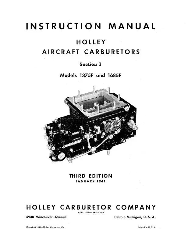 Holley Carburetor Company 1375F, 1685F Aircraft Carburetors Instructions 1941 (Ho1375f,1685F-In-C) 1