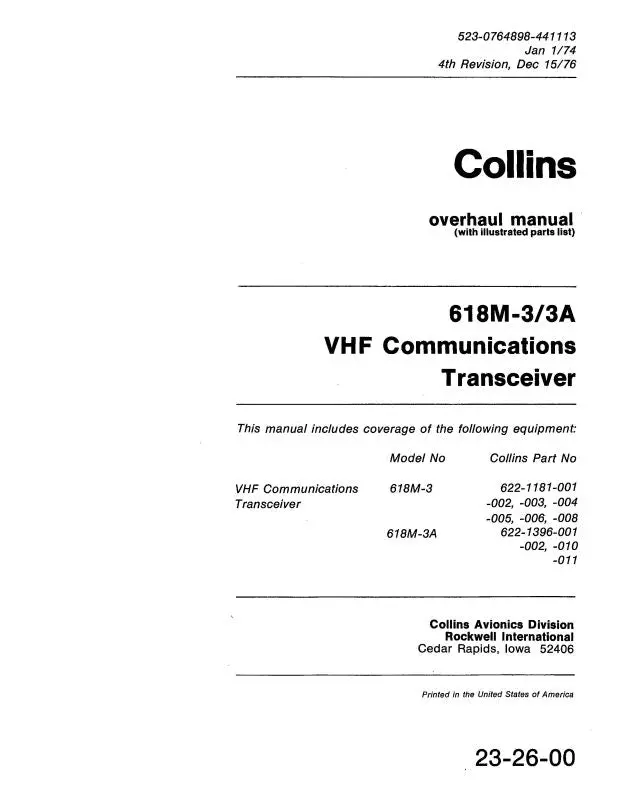 Collins 618M-3-3A Vhf Comm 1976 Overhaul With Illustrated Parts (523-0764898-441113) 1