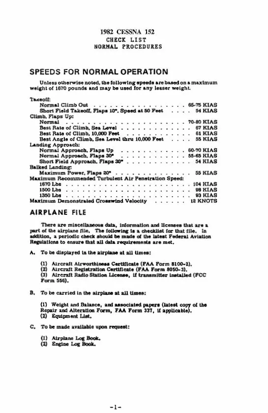 Cessna 1982 152 Pilot's Checklist 1