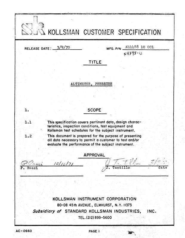 Kollsman Altimeter, Pressure Specifications 1970 (Ac-0660) 1
