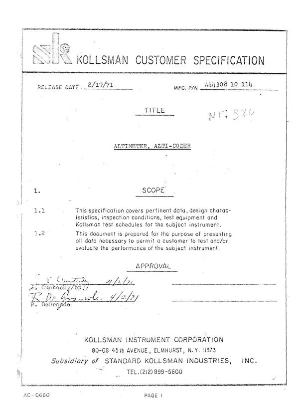 Kollsman Altimeter, Alti-Coder Specifications 1971 (Ac-0660) 1