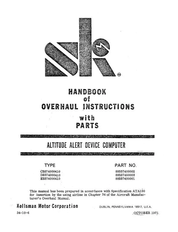 Kollsman Instruments Altitude Alert Device Computer Overhaul Manual With Parts 1971 (34-10-6) 1