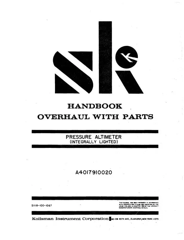 Kollsman Instruments Pressure Altimeter Overhaul Manual With Parts 1967 (S1118-100-1067) 1
