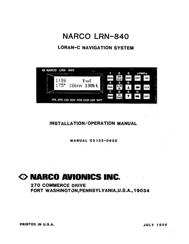Narco Lrn-840 Loran-C Nav. System Installation-Operation Manual 1986 (03122-0620) 1