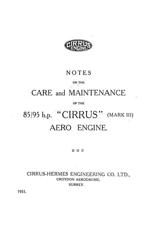 Cirrus Engine Mark Iii Care & Maintenance 1931 (Cicirrusmarkiii-M-C) 1