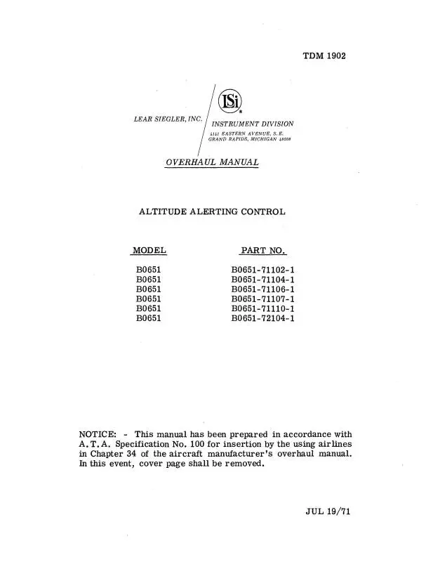 Lear Seigler Altitude Alerting Control Overhaul Manual B0651 1971 (Tdm 1902) 1
