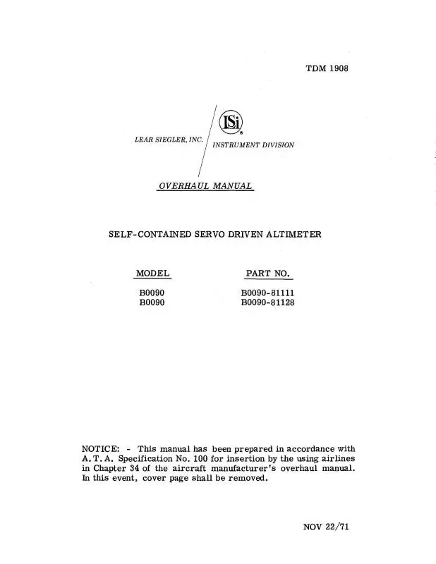 Lear Seigler Self-Contained Servo Driven Altimeter Overhaul Manual 1971 (Tdm 1908) 1