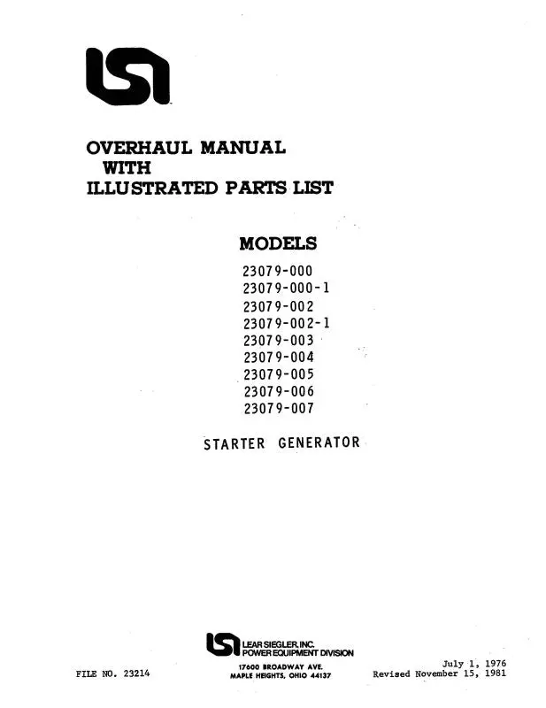 Lear Seigler 23079-000 Thru -007 Overhaul Manual With Illustrated Parts List (23214) 1