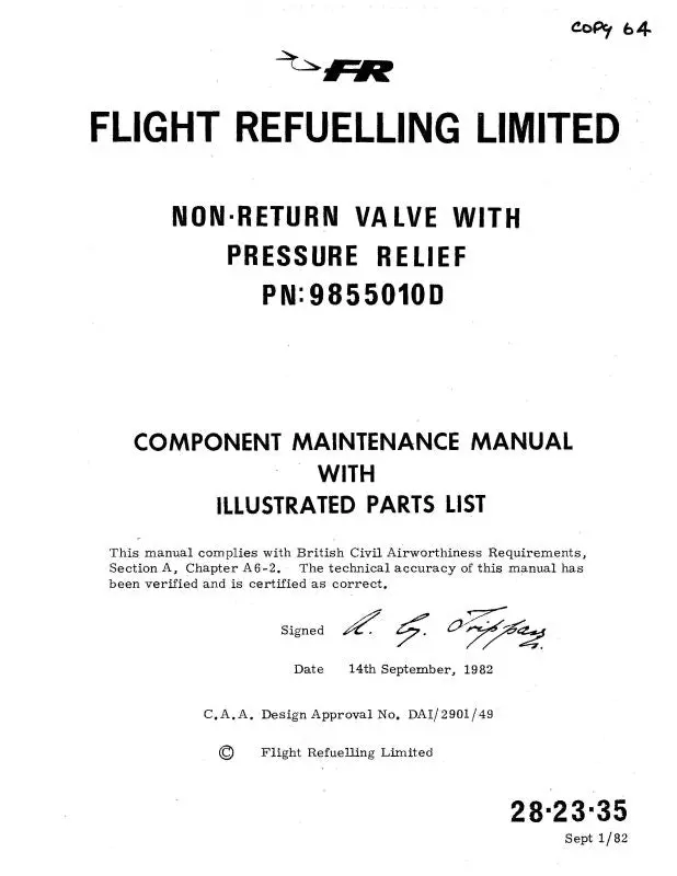 Flight Refueling Limited Non-Return Valve With Pressure Relief Component Maintenance Manual With Illustrated Parts 1982 (28-23-35) 1