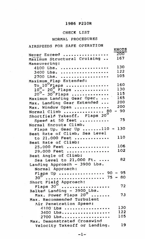 Cessna P210n 1981 Pilot's Checklist 1