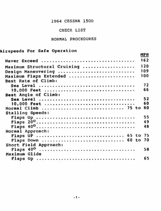 Cessna 150D 1964 Pilot's Checklist 1